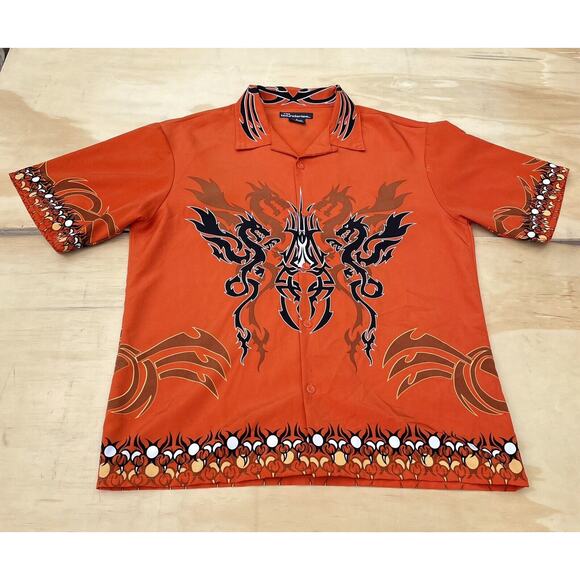 NO BOUNDARIES Vintage Flame & Dragon Camp Shirt Orange Black Polyester SIZE M - Picture 1 of 6